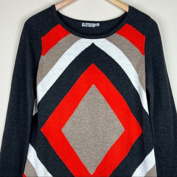 Eliza J dress geometric gray tan red white chevron colorblock rib knit midi M - Picture 3 of 7
